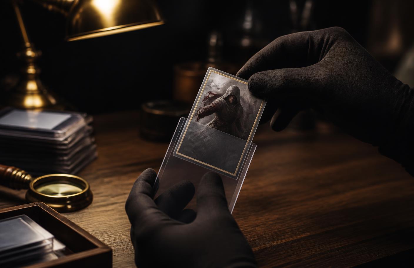 Gloved hands sleeving a trading card into a toploader